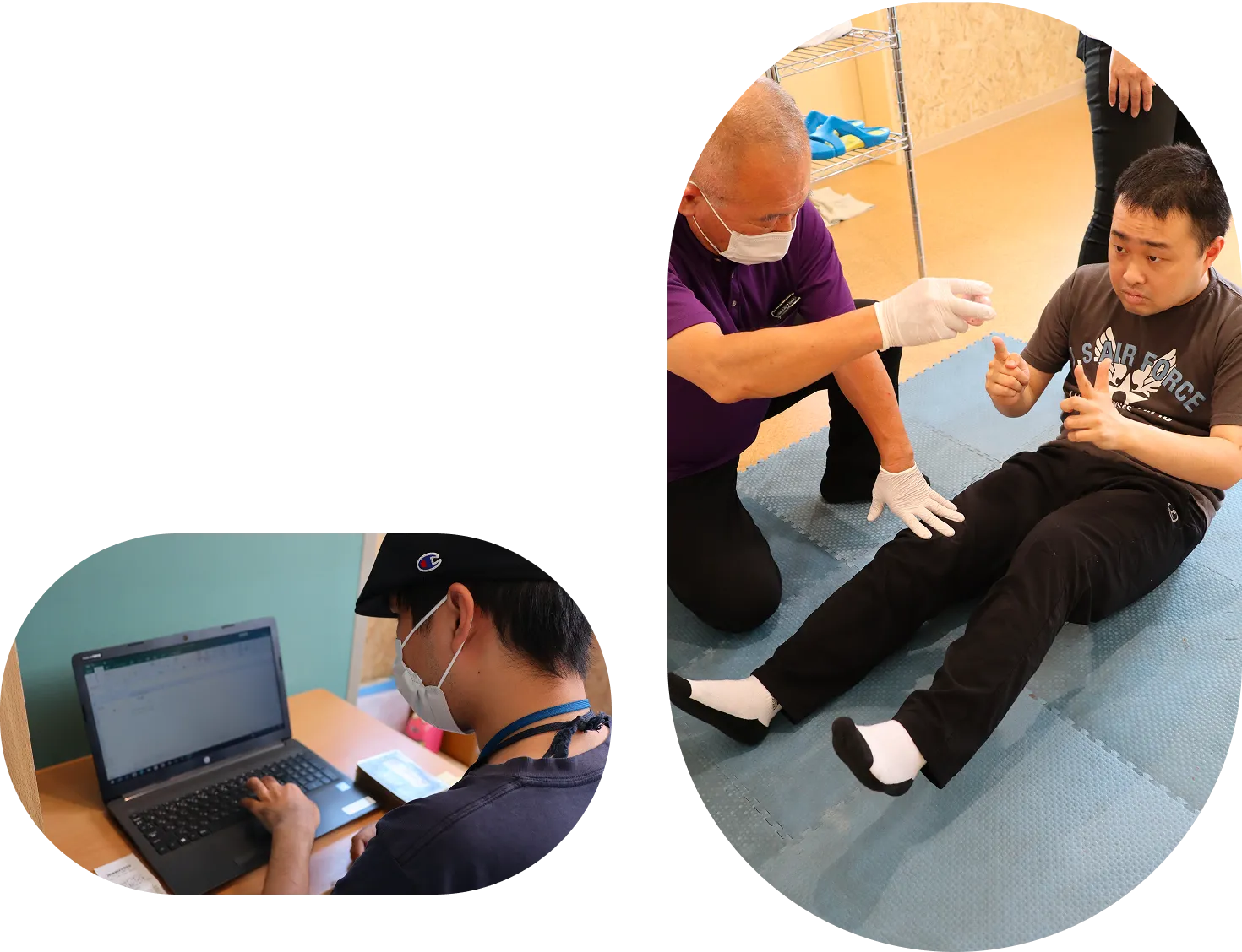 室内運動やパソコンでプログラムをする様子